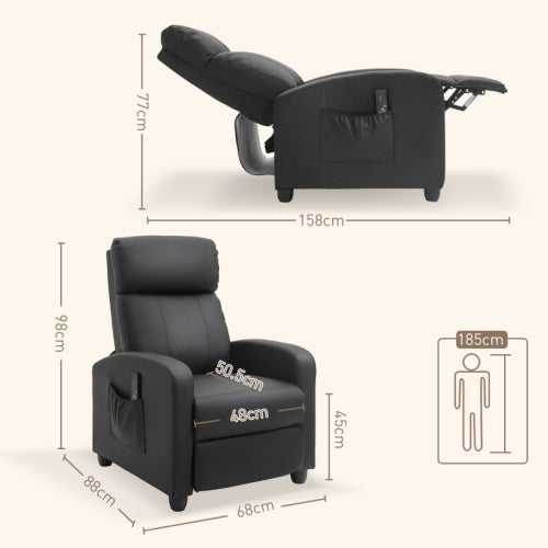 HOMCOM Recliner Armchair, Massage Faux Leather Push Back Reclining Chair With Adjustable Leg Rest, Side Pocket, For Home Living Room Theatre, Black