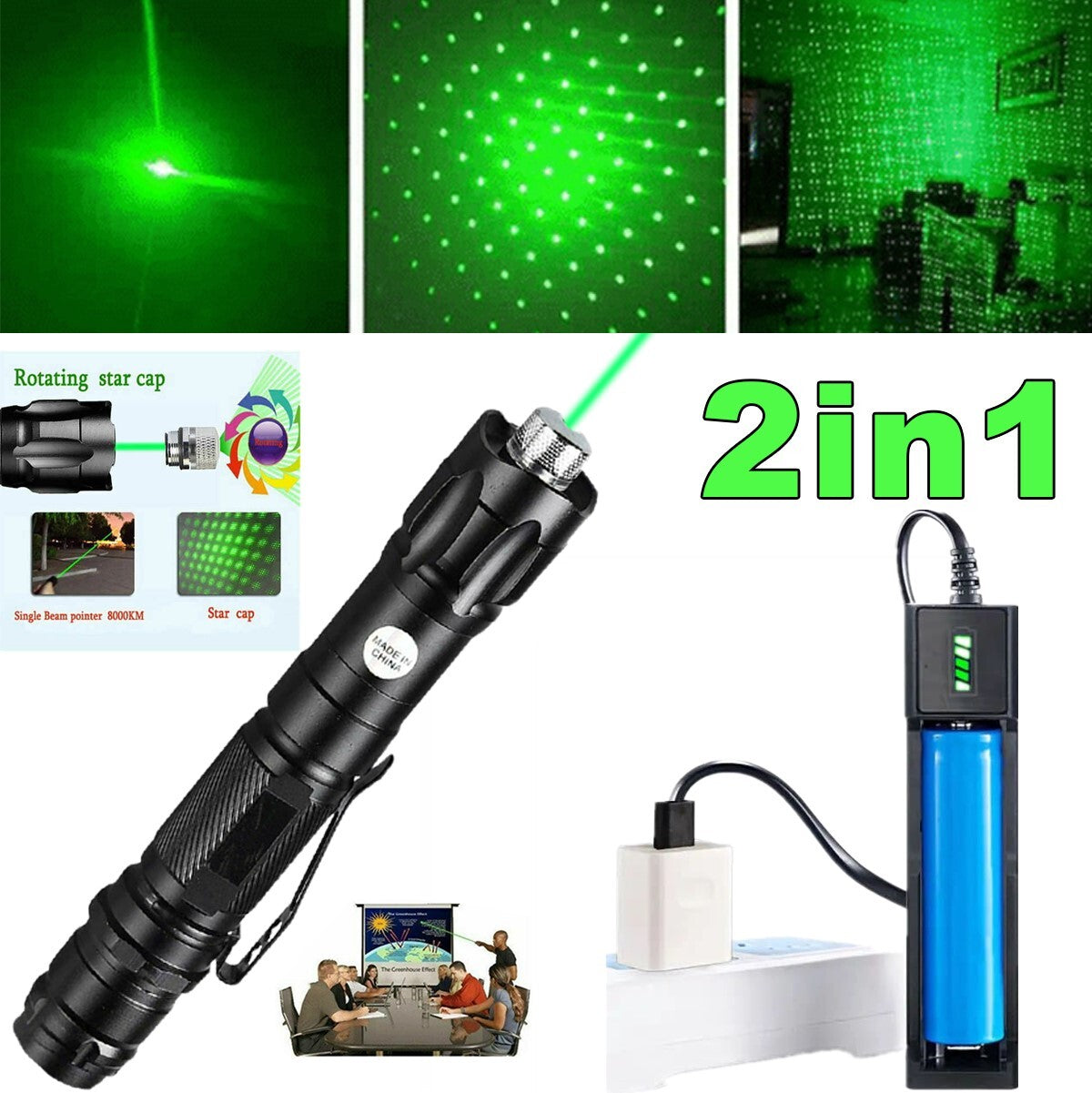Green Laser Pointer USB Rechargeable Pen LED Flashlight Torch Visible Beam Lazer