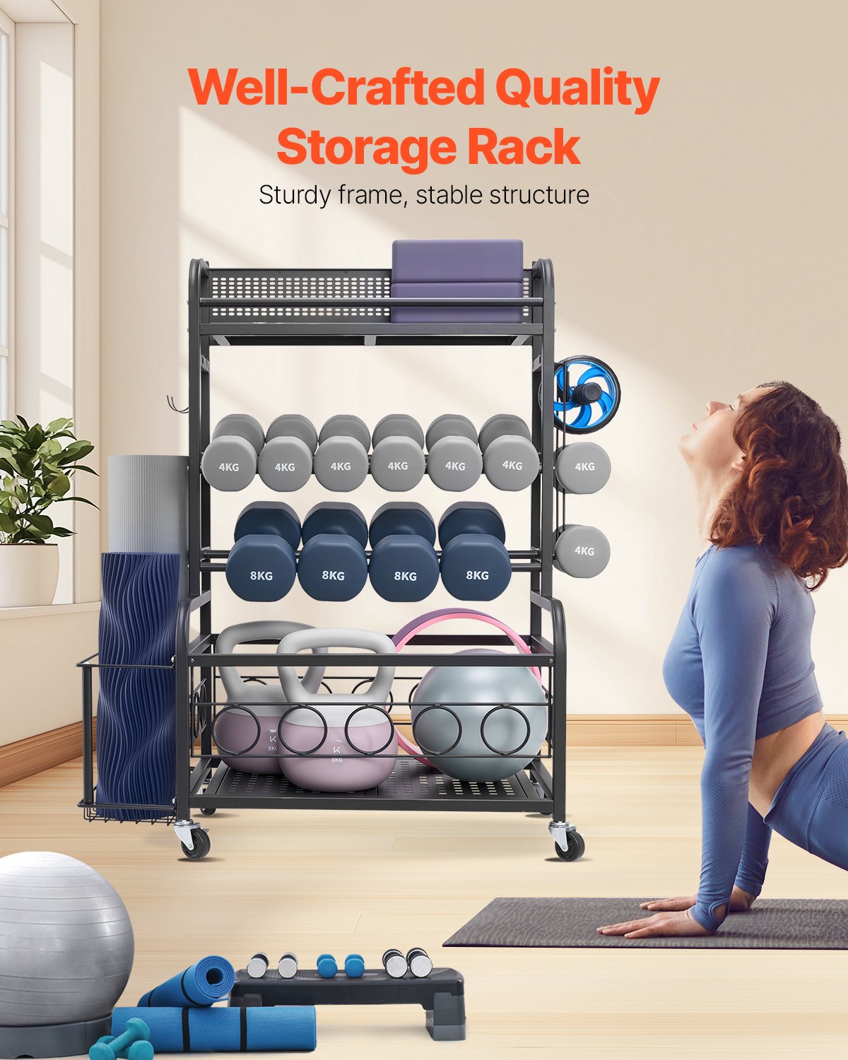 Yoga Mat Storage Rack, Home Gym Workout Equipment Organizer, Powder Coated Finish Steel Yoga Mat Holder With Hooks & Wheels, Weight Rack For Dumbbell, Kettlebell, Foam Roller, And Yoga Strap