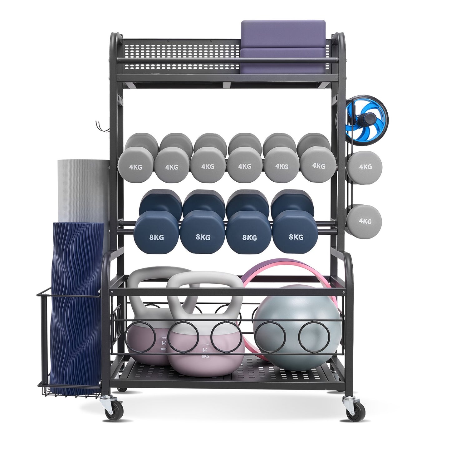 Yoga Mat Storage Rack, Home Gym Workout Equipment Organizer, Powder Coated Finish Steel Yoga Mat Holder With Hooks & Wheels, Weight Rack For Dumbbell, Kettlebell, Foam Roller, And Yoga Strap