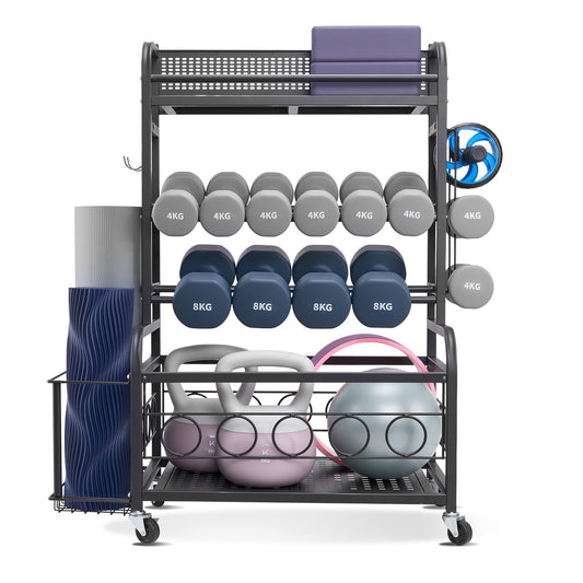 Yoga Mat Storage Rack, Home Gym Workout Equipment Organizer, Powder Coated Finish Steel Yoga Mat Holder With Hooks & Wheels, Weight Rack For Dumbbell, Kettlebell, Foam Roller, And Yoga Strap