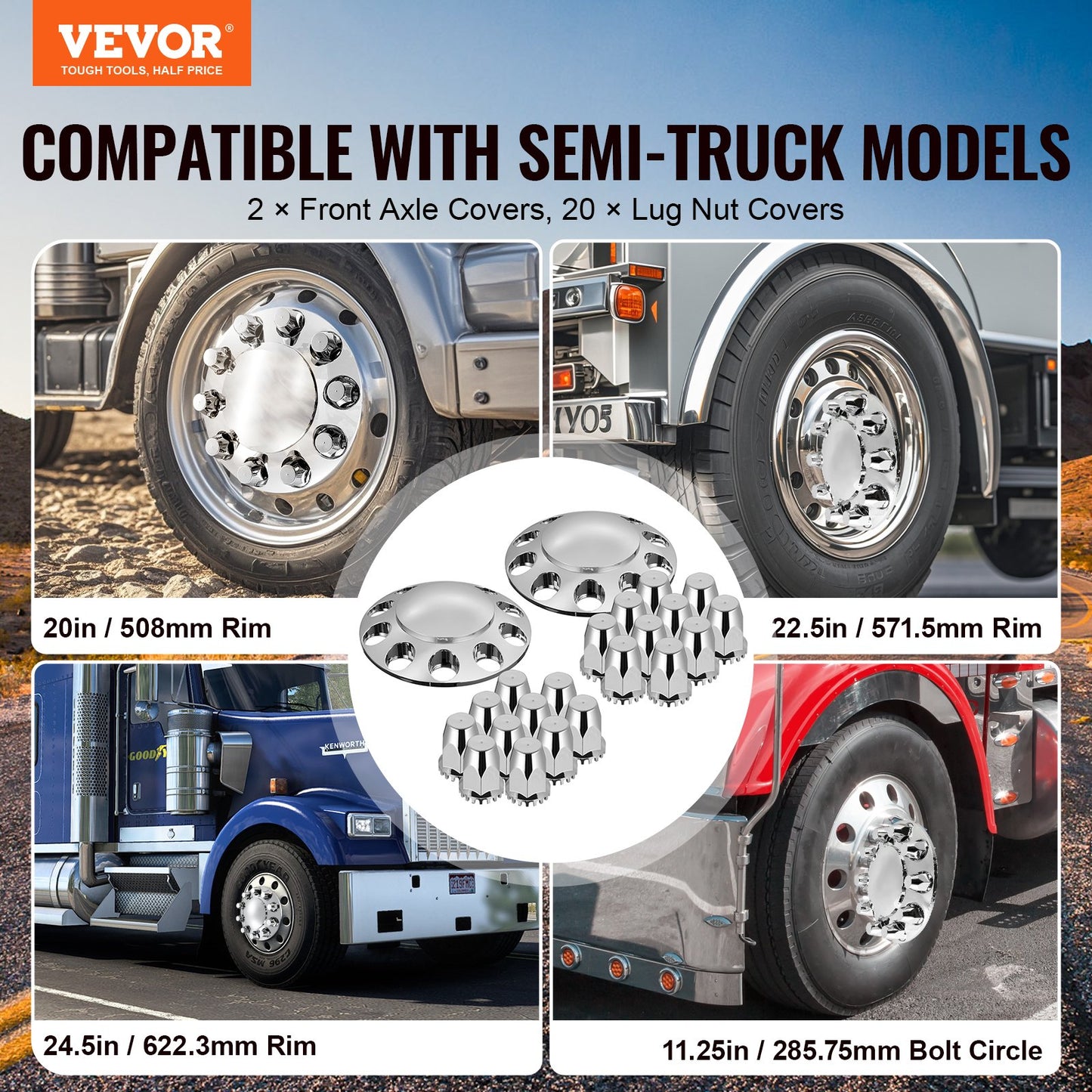 Front Axle Wheel Covers, Dome Axle Cover For Semi Truck, ABS Electroplate Rust-Resistant Lug Nut Covers, Universal Fit, Installation Tool Included, Complete Axle Cover Combo Kit