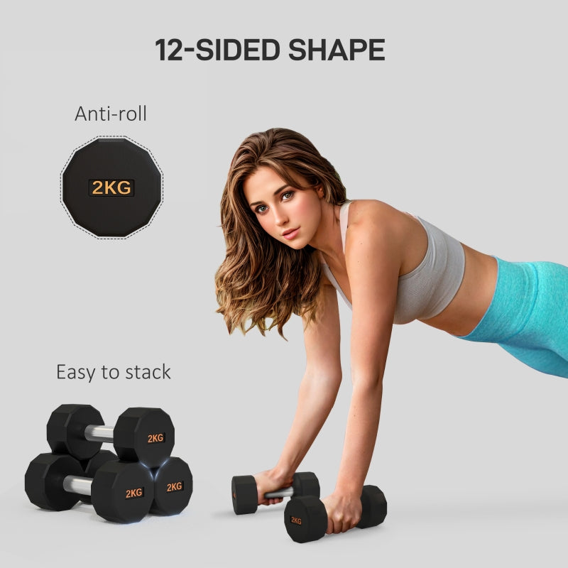 SPORTNOW 2 X 2kg Dumbbells Weights Set With 12-Sided Shape And Non-Slip Grip For Men Women Home Gym Workout