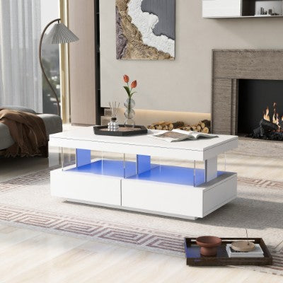 Coffee Table For Living Room, High Gloss Tea Table With 16-Color LED Lights, Coffee Table With 2 Drawers And Open Storage Space, End Table For Home Office Furniture, White